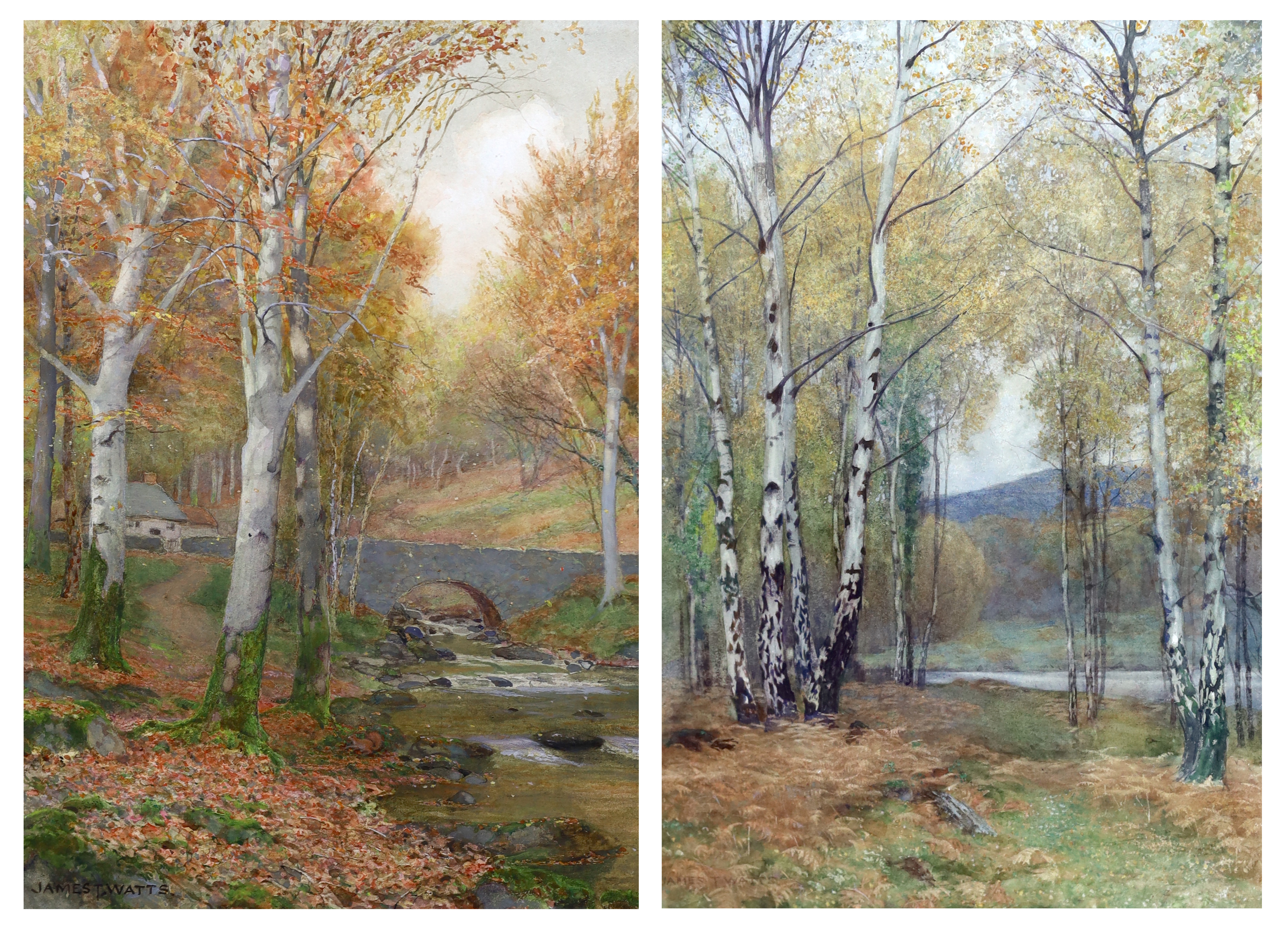 James Thomas Watts (English, 1853-1930), 'Autumn among Birch trees' & ‘A little Welsh stream in autumn', watercolours, a pair, 34.5 x 24.5cm, Please note this lot attracts an additional import tax of 5% on the hammer pri